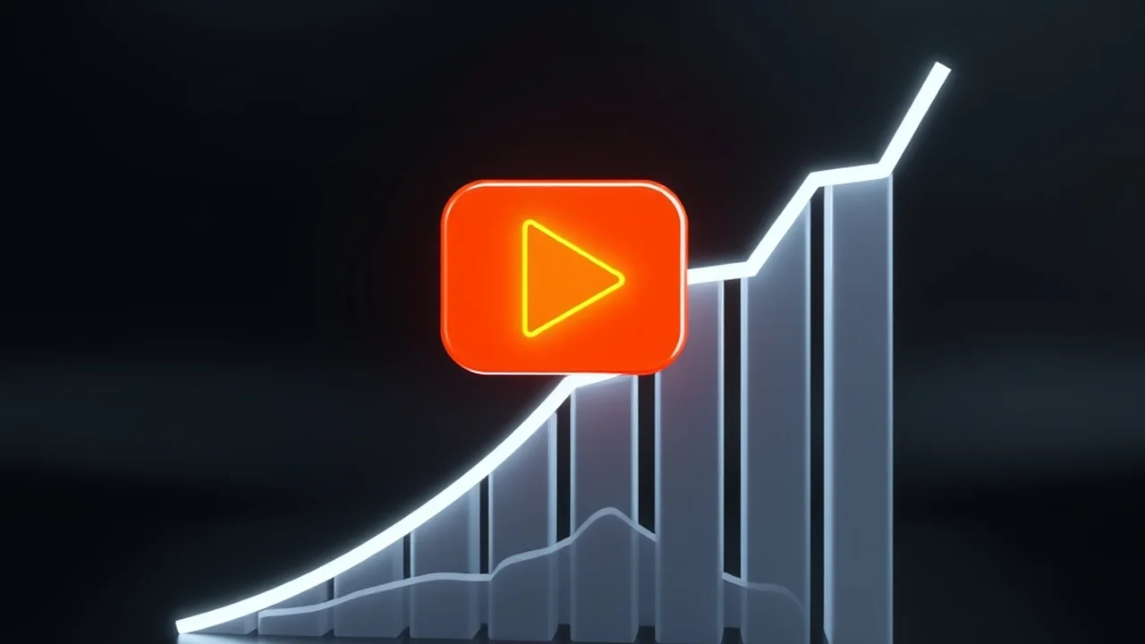 Botão de play sobre um gráfico de barras em crescimento, ilustrando o impacto das campanhas de vídeo do YouTube